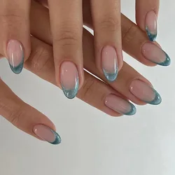 24Pcs Cat's Eye Fake Nail Glitter Blue French Tips Short False Nails Simple Oval Press on Nails Wearable Almond Full Cover Nail