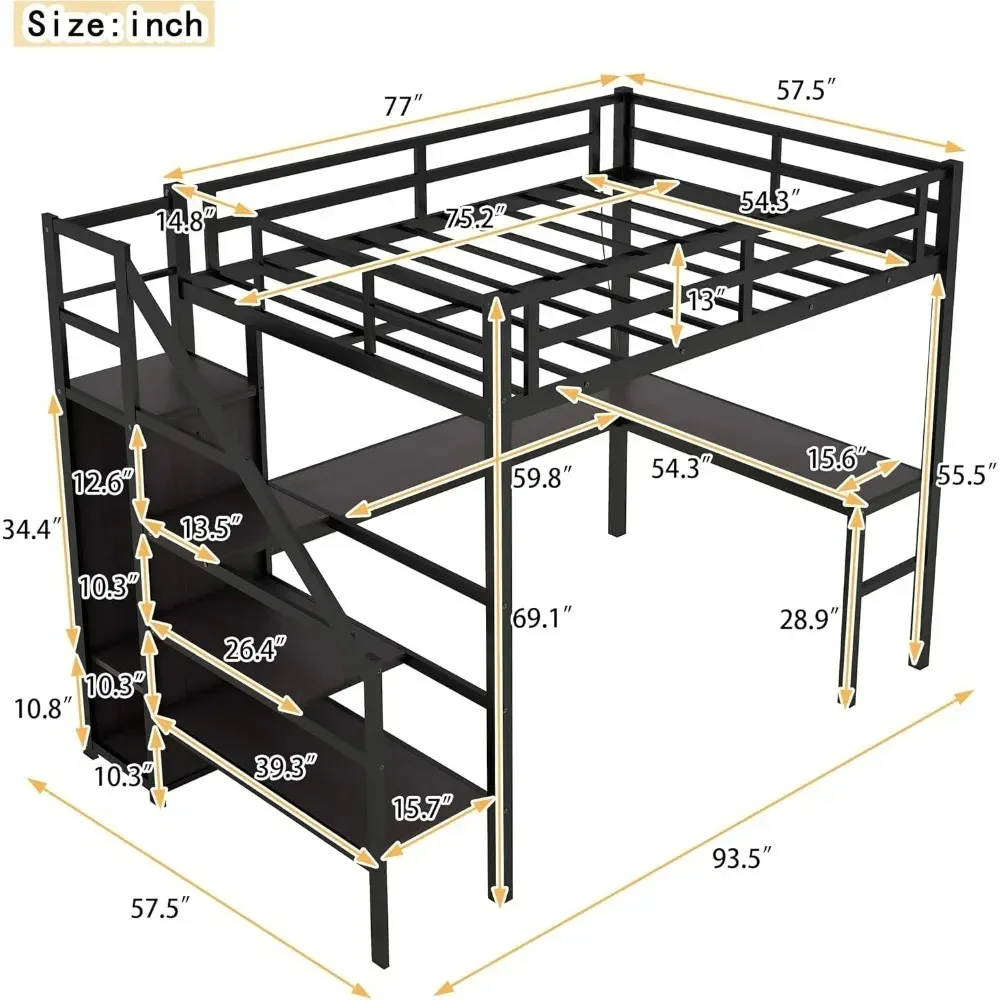 Bunk Beds Full Loft Bed, Storage Stairs and Wardrobe, Full Loft Bed with Charging Station (USB Port, Outlets) Bunk Bed