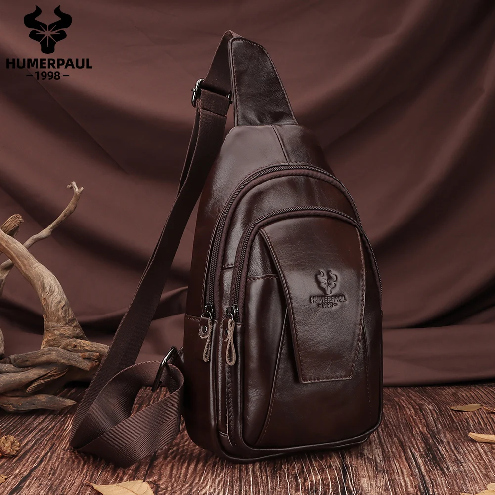 

HUMERPAUL Men's Genuine Leather Chest Bag Adjustable Strap Sling Crossbody Bags Outdoor Travel Shoulder Bag for Daily Use