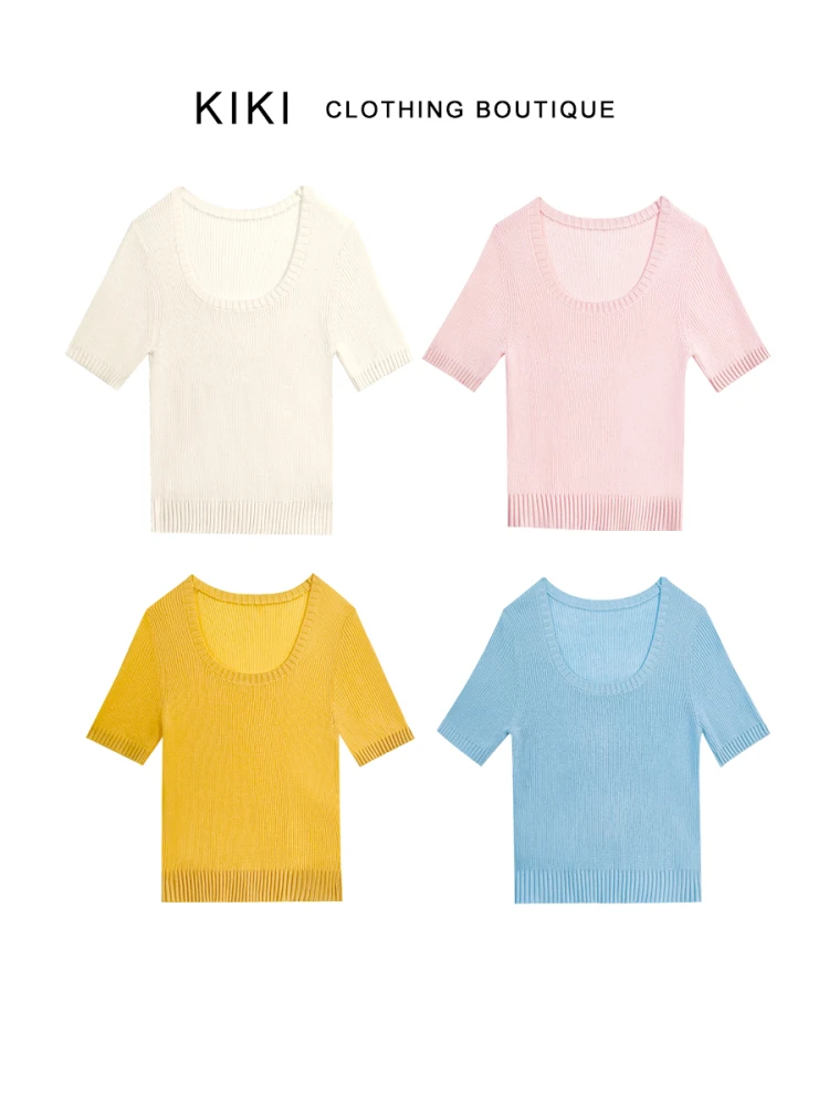 

Kiki Silk Camere Blend ort Sve Knitted T-irt U-Ne Slim Fit Summer Commute Sle Pure Color Polyester Acrylic Nylon