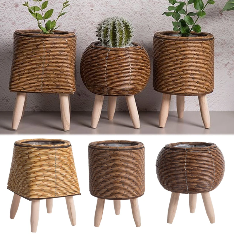 

Imitation Rattan Woven Flower Shelf Planters Handmade Storage Basket With Removable Wooden Legs Plant Pot Stand Holder