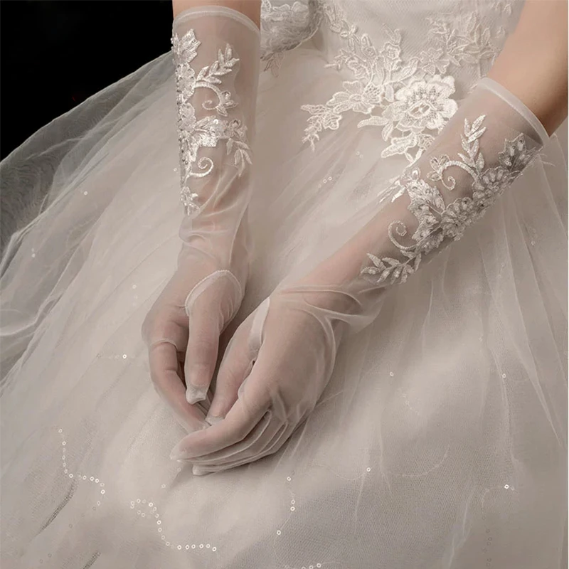 

White Lace Long Beads Bridal Wedding Gloves Dress Etiquette Accessories Embroidered Tulle Gloves