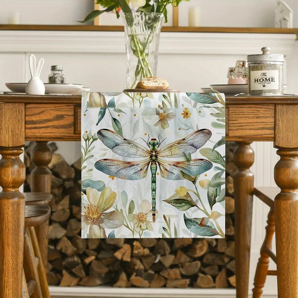 Vibrant Watercolor Dragonfly & Floral Rectangular Table Runner | Easy Care, Perfect for Kitchen & Dining Decor, Home Accents