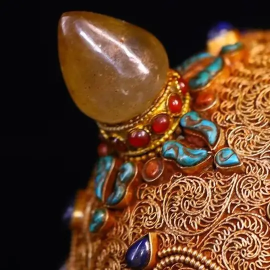 Old China Collections Old Crystal Tibetan Silver Gilded Mosaic Gem gZi Beads Shituo Lin Skull Head Amulet Worship Hall