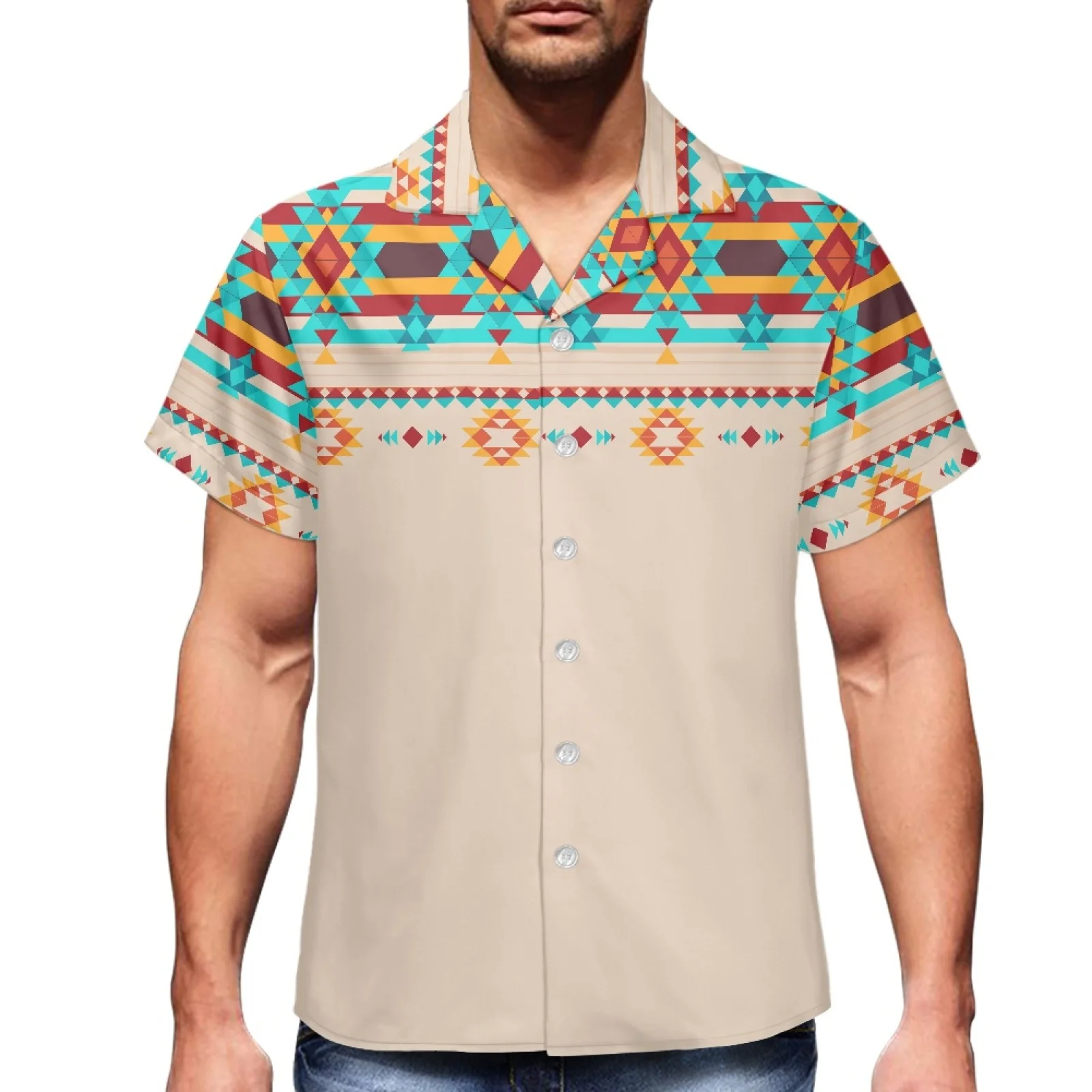 

Men's Summer Pattern Indian Tribe Style Slim Beach Trend Shirt V-Neck Short Sleeve Hawaiian Luxury Men's Shirt Sporty Slim