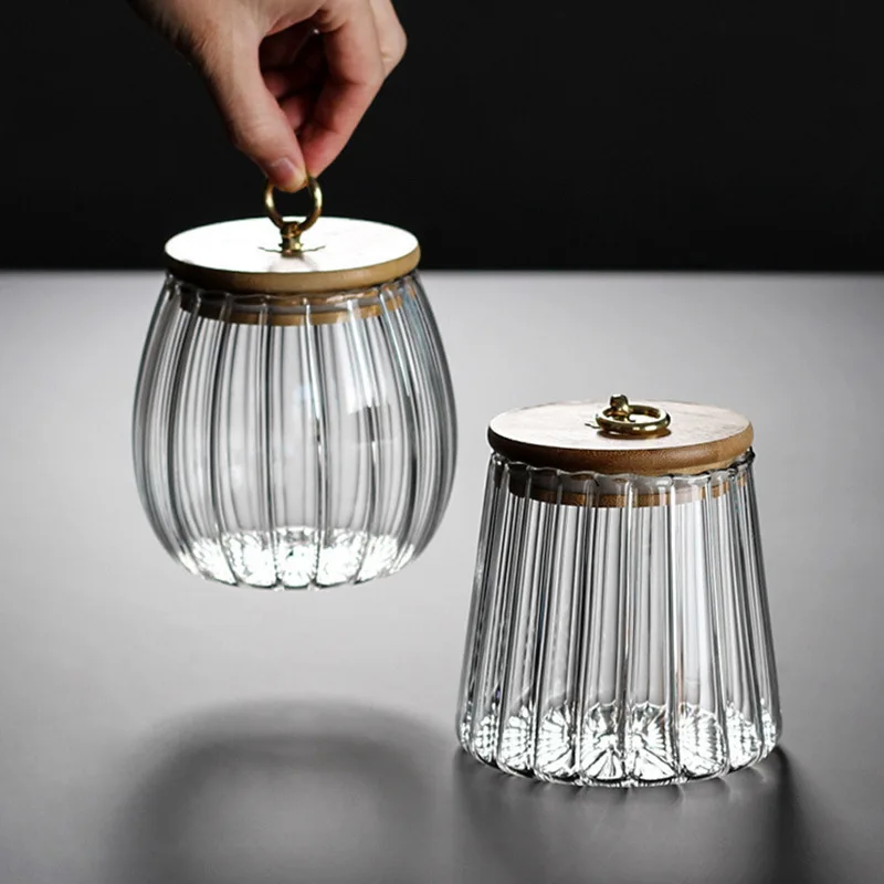 

Japanese striped household kitchen miscellaneous grains tea high borosilicate glass bamboo cover sealed storage tank