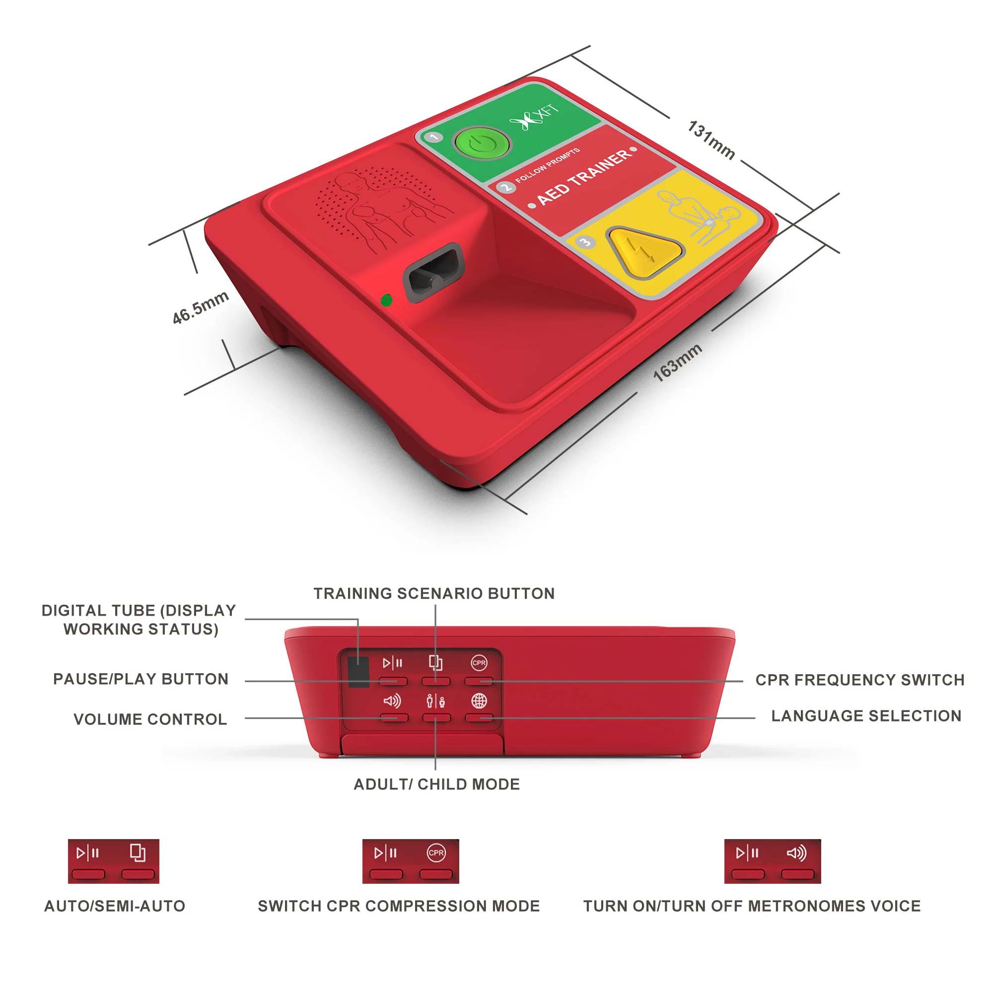 XFT AED Trainer, AED Trainer Device, CPR Practice Device with Voice Prompts (4 Language) for First Aid Beginners, XFT-120N