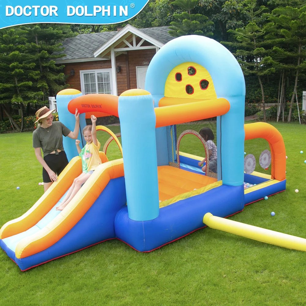 Doctor Dophin Inflatable Bounce House Bright Color Slide Jumper with Blower Five in One Structure Multiple Fun for Kids