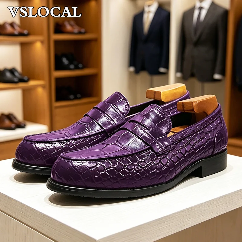 Fashion 5 Colors Men Leather Shoes Green Slip On Croco Prints Casual Mens Dress Shoes Wedding Office Banquet Loafers Men