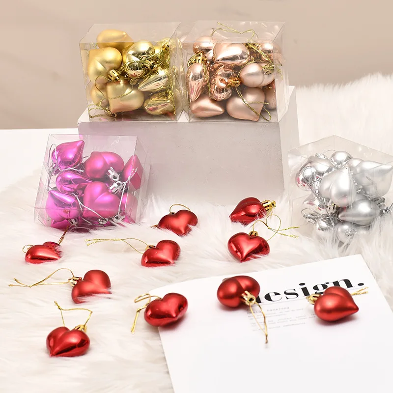 12 Pcs Plastic Heart Pendant Valentine'S Day Gifts Ornaments 4.5cm Electroplated Peach Heart Christmas Tree Party Decoration