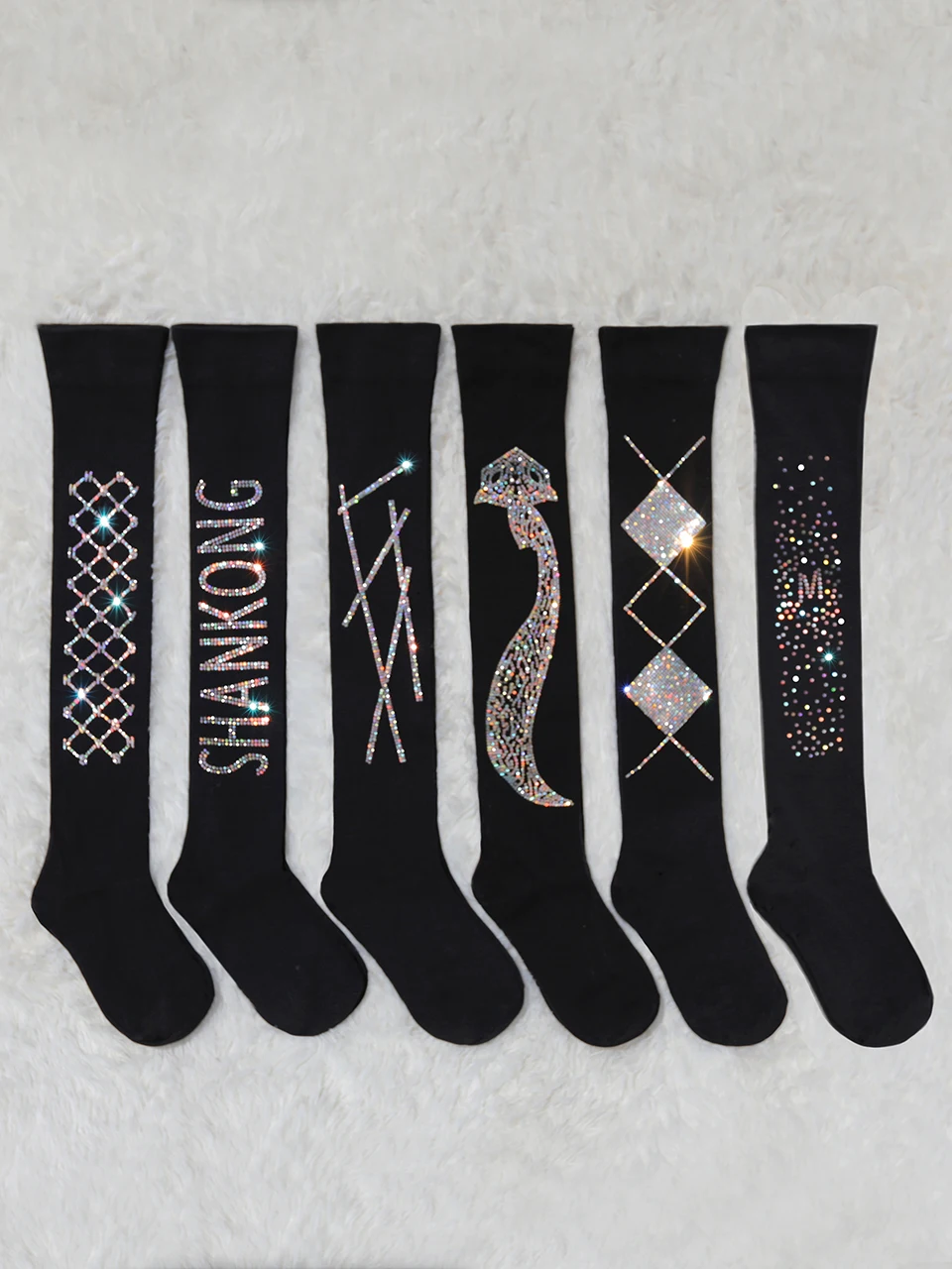 Overknee Women Black Stockings 2023 New Spring Autumn Geometry Colored Diamond Stretch Knitting High Tube Stocking Cotton Socks
