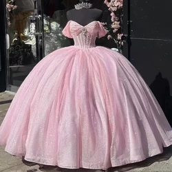 ANGELSBRIDEP Customized Pink Glitter Quinceanera Dresses Off-Shoulder Vestidos De 15 Anos Beading Crystal Princess Party Gowns