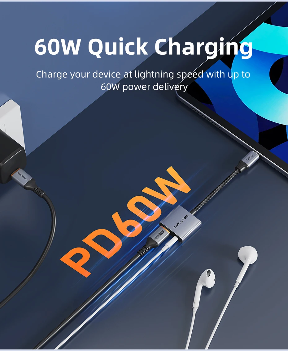 CABLETIME USB-C auf 3,5-mm-Audio-Adapter USB-C Kopfhörer 2-in-1 PD 60W Typ-C auf 3,5-mm-Klinkenadapter Hi-Fi für iPhone Xiaomi – Detail 6