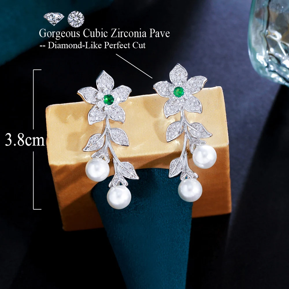 ThreeGraces New Fashion Green CZ Crystal Flower Shape Elegant Simulated Pearl Drop Earrings for Women Bridal Party Jewelry E1450