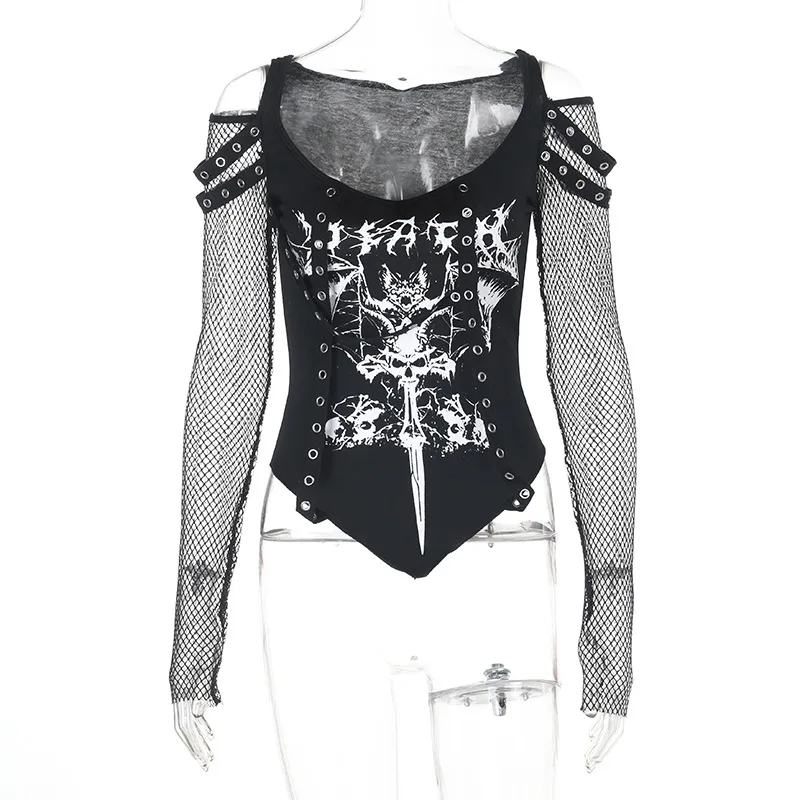 American Mall gothique résille point à manches longues T-shirt femmes Alt Techwear Punk Grunge maïs imprimé T-shirts Chic haut