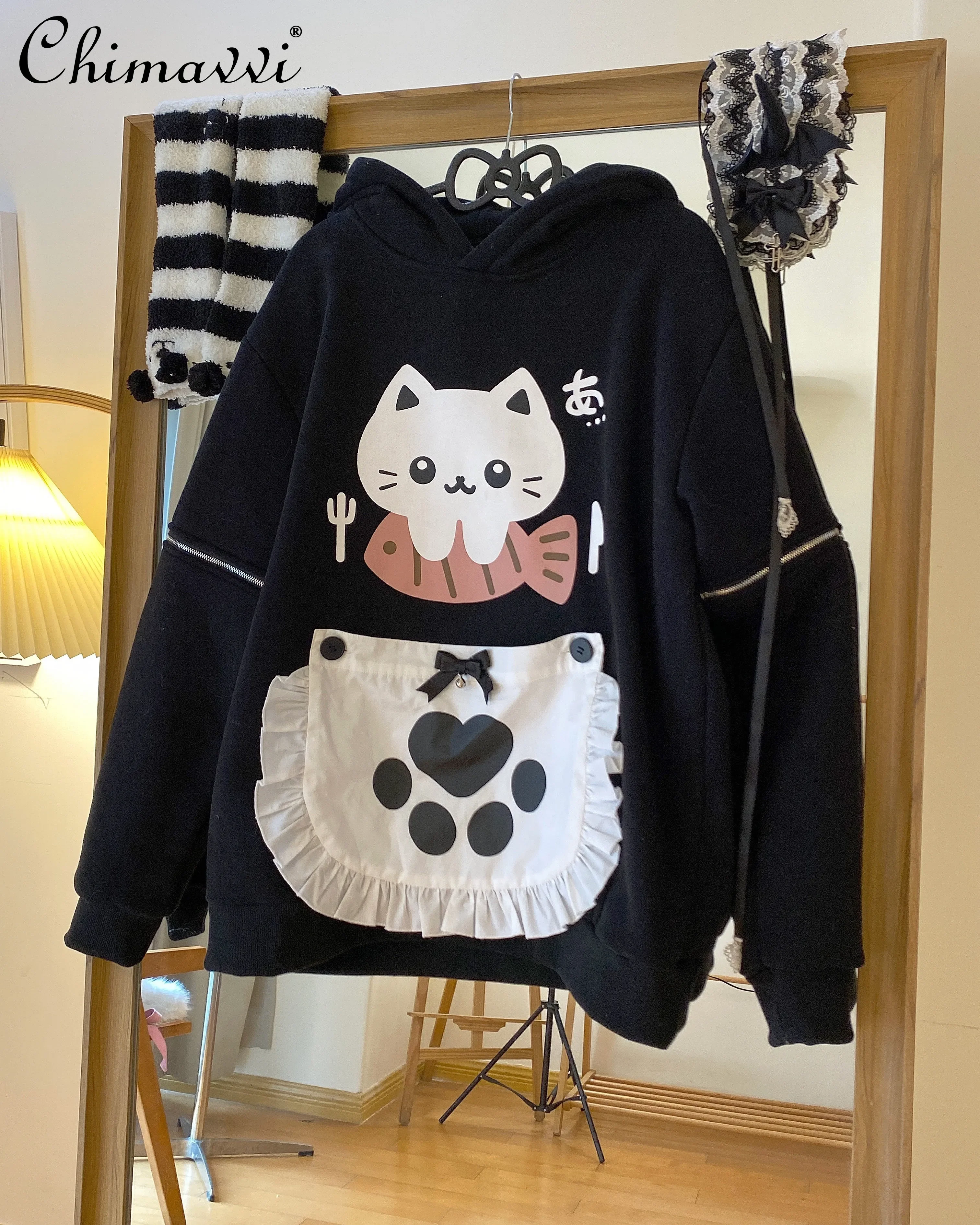 Autumn Winter New Button Apron Cute Cartoon Print Hooded Sweatshirts Sweet Girls Long Sleeves Thick Loose Pullover Hoodies Top