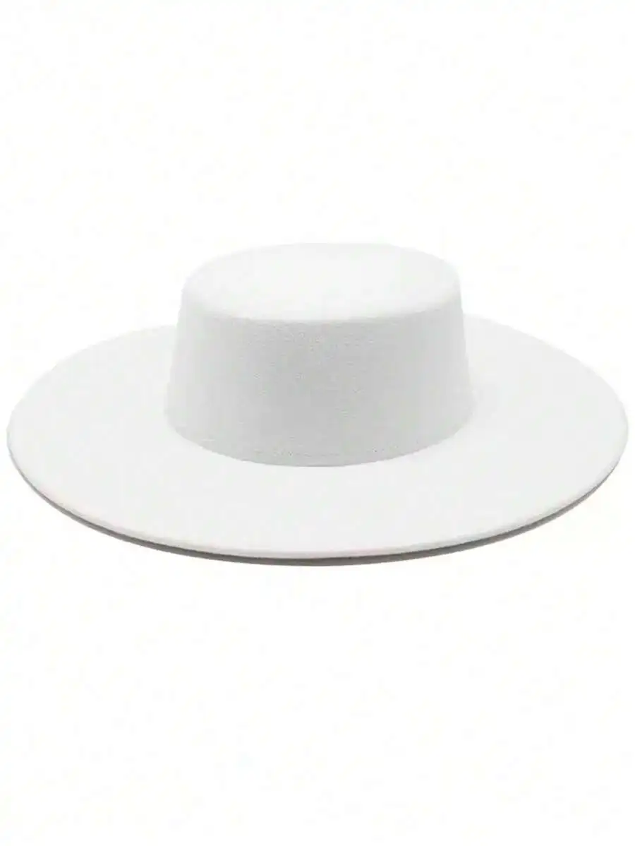

Women Solid White Wide Brim Flat Top Bowler Hat Retro European Style Felt Cap Casual Street Wear