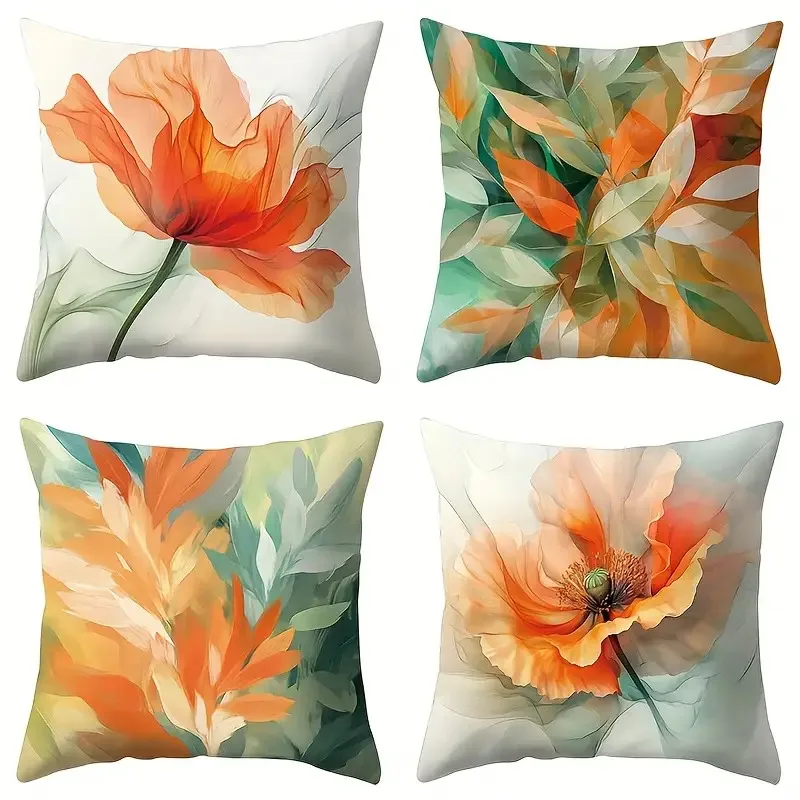 Gradient Orange Floral Pillow Covers, Poppy Leaf Decorative Throw Pillow Cases, Botanical Home Decor for Sofa Bed, No Insert