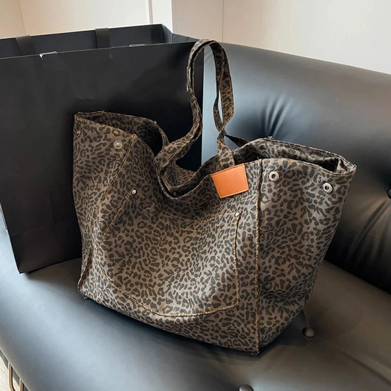 Oversized Leopard Prints Shoulder Bags For Women Deformable Canvas Large Capacity Shopping Totes All Season New Luxury Handbags