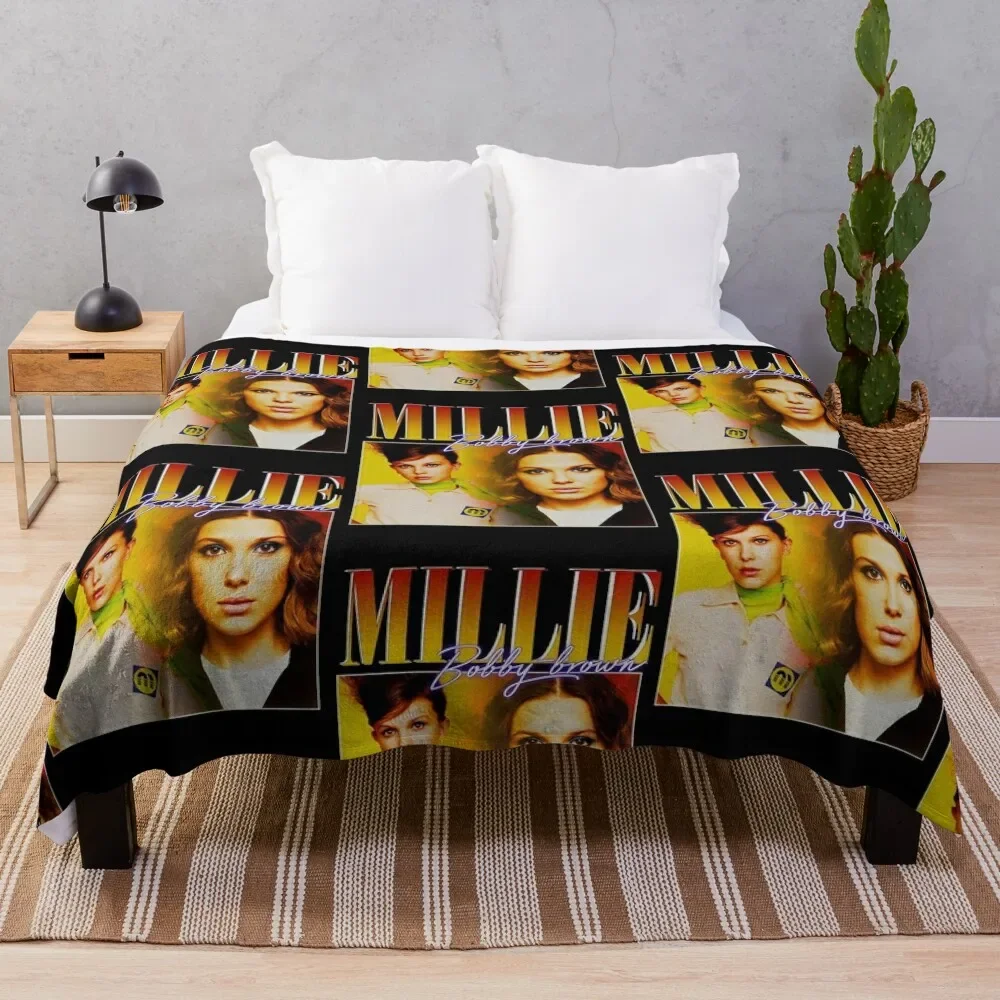 Millie Bobby-Brown 90s Vintage Black T-Shirt Throw Blanket Shaggy Flannel Blankets