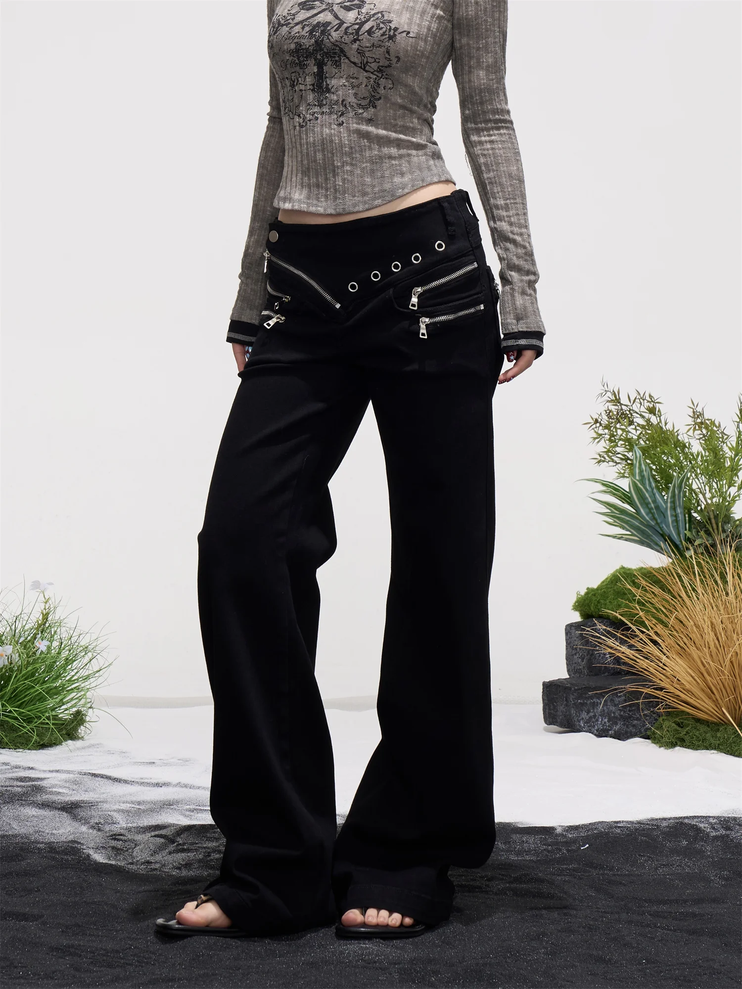 High Waist Black Casual Pants Women's Loose Straight Leg High Waist Slimming Long Trousers American Style Multi-Zipper Waist