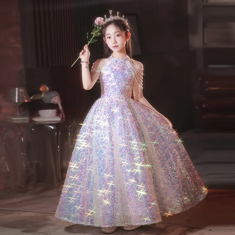 

Children's dress Birthday Princess dress 2024 new girl sequin host piano table dress light luxury niche