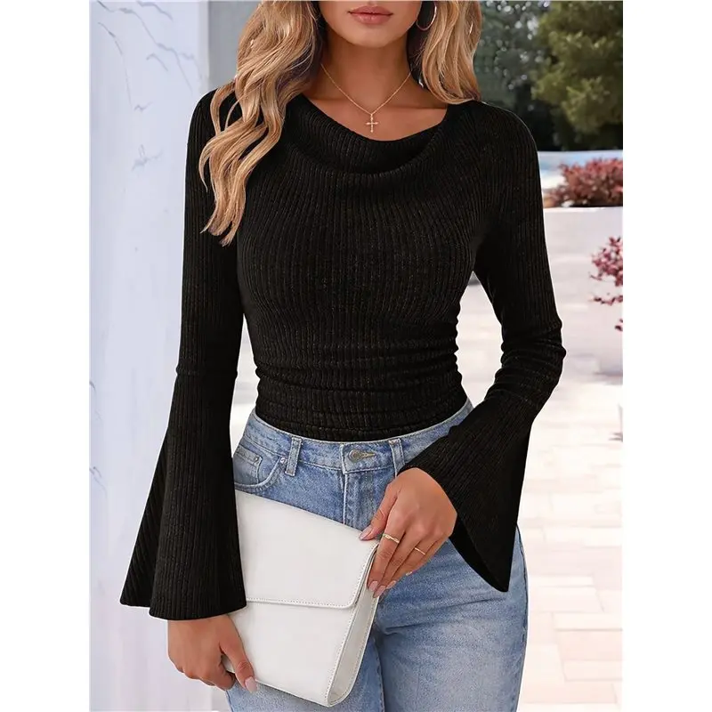 Women's Long Sleeve Cowl Neck Ribbed Knit Spring Shirts Slim Fit Ruched Crop Tops Basic T-Shirts Black S Eco-Friendly