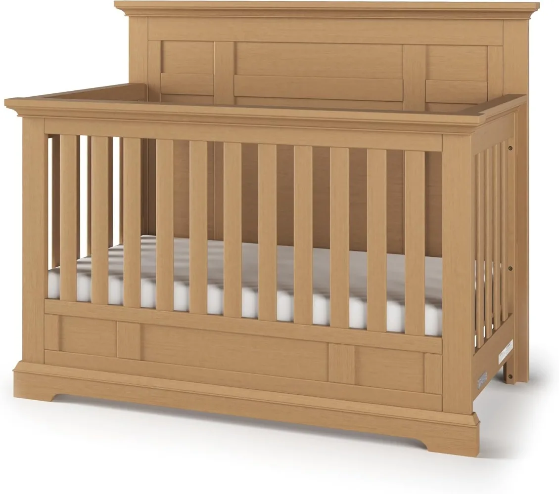 Das umwandelbare 4-in-1-Kinderbett Jordyn mit vollem Panel, das Babybett umwandelt sich in Tagesbett, das Kleinkindbett und das Bett in voller Größe