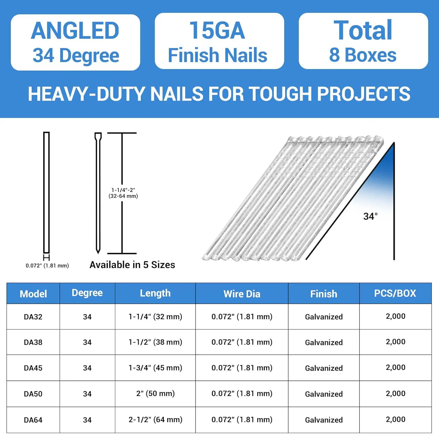 15 Gauge Angled Finish Nails, 1-1/4-Inch 34 Degree DA Series Galvanized Finishing Nails for Nailer Guns - Perfect