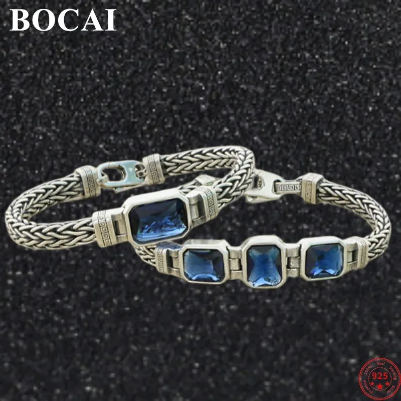 

BOCAI S925 Sterling Silver Bracelets for Men Women New Men's Fashion Weaven Horsewhip-chain Square Zircon Jewelry Free Shipping