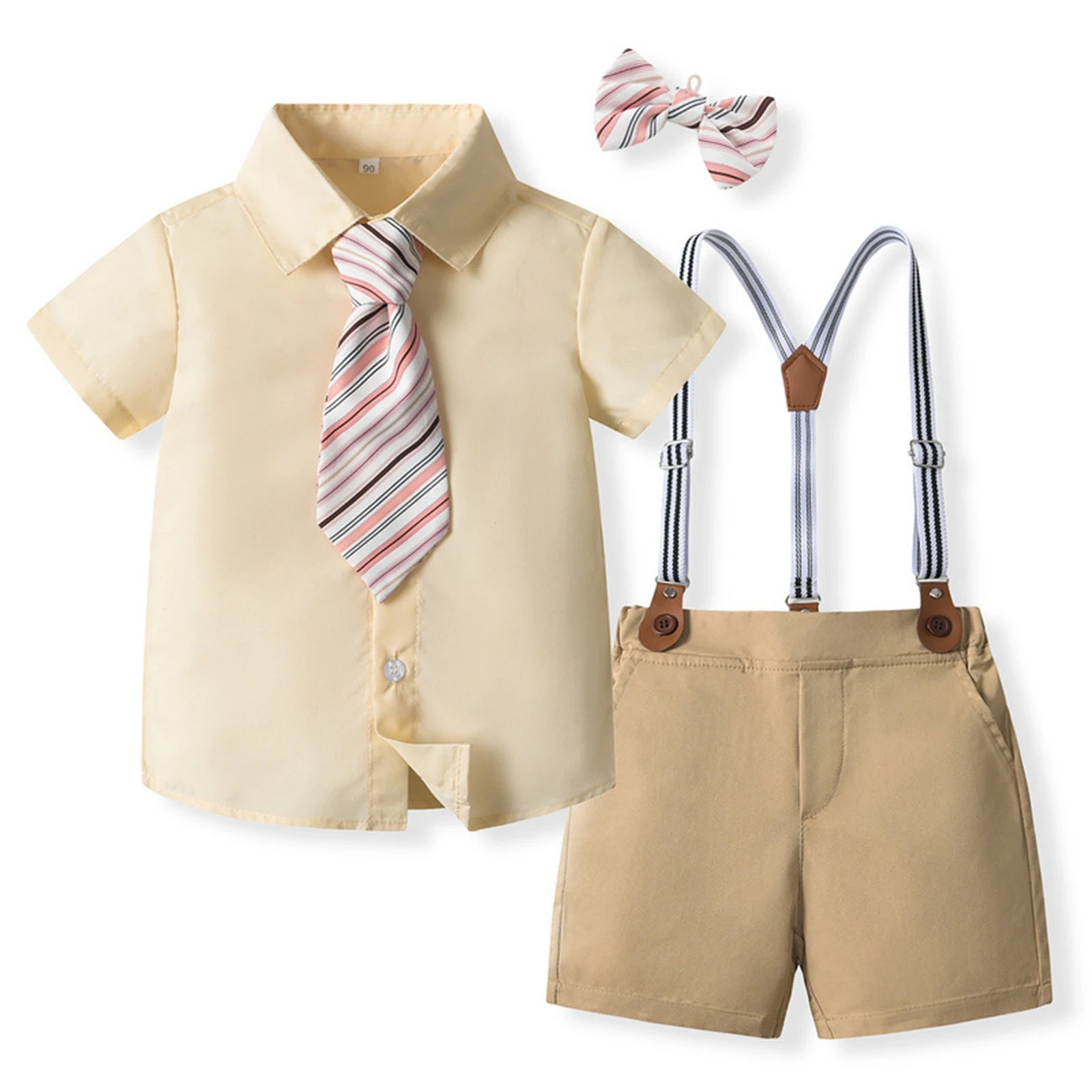 Kids Boys British Style Formal Suit School Uniforms Gentleman Outfit Short Sleeve Suspenders Shorts for Birthday Party