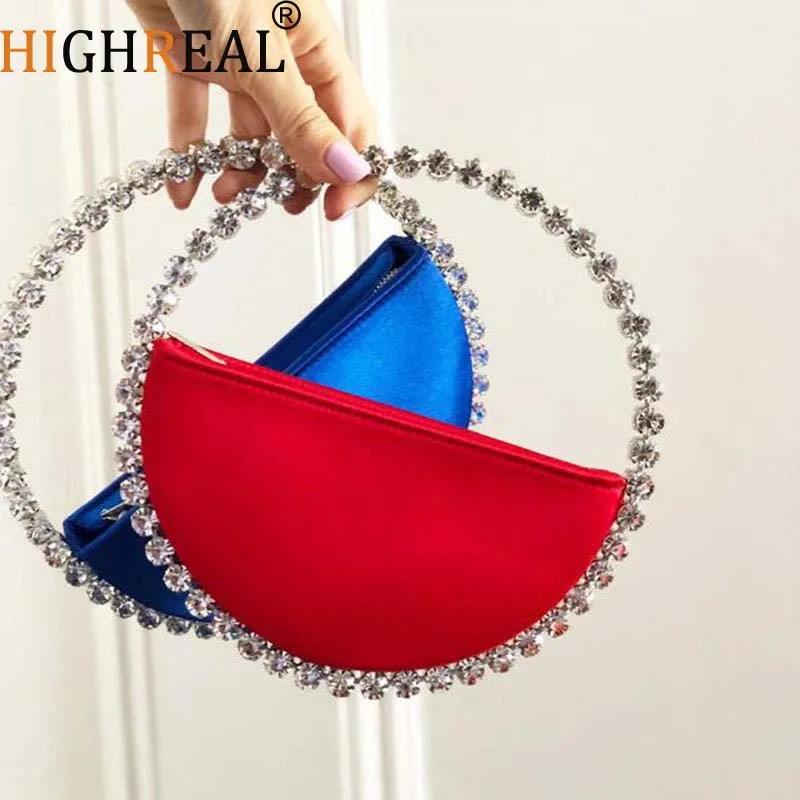 Circular Glittering Crystal Satin Evening Bags Women Metallic Handle Rhinestone Clutch Purses And Handbags Wedding Party Luxury