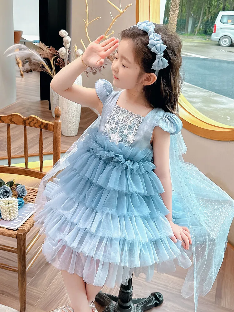 2026 New Baby Summer Girls Boutique Blue Sequined Mesh Tutu Dress, Princess Kids Sweet Fashion Party Dress 3-8 T