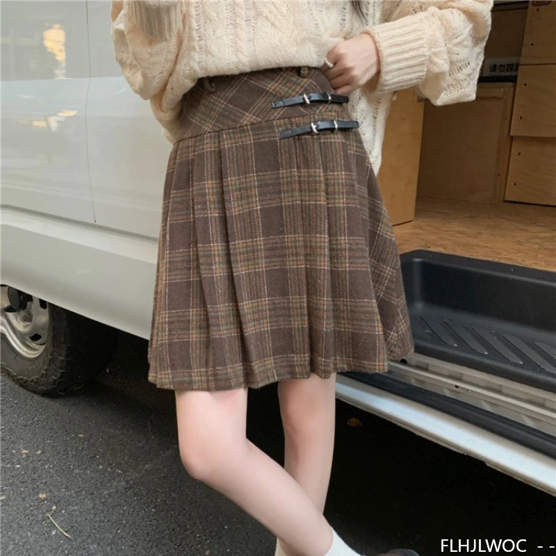Wełniane Spódnice Nowa Moda 2025 Jesień Zima Podstawy Damskie Urocze Słodkie Dziewczęce Japoński Styl Preppy Retro Vintage Krata Mini Spódniczka