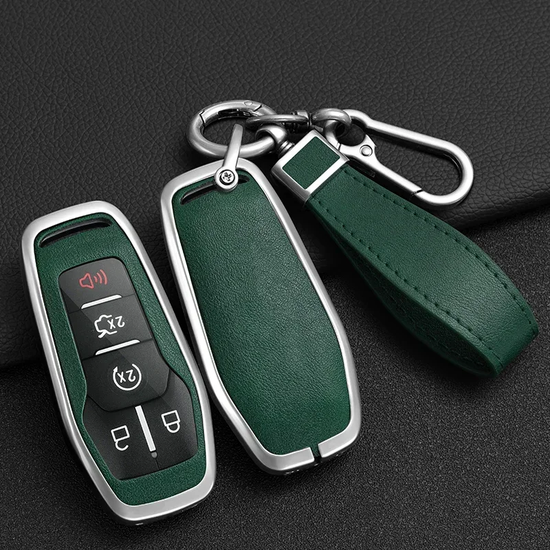 Zinc Alloy + Leather Car Key Case For Ford Mustang Fusion Explorer Edge F-150 Mondeo 2015 2016 2017 2018 For Lincoln MKZ MKC MKX