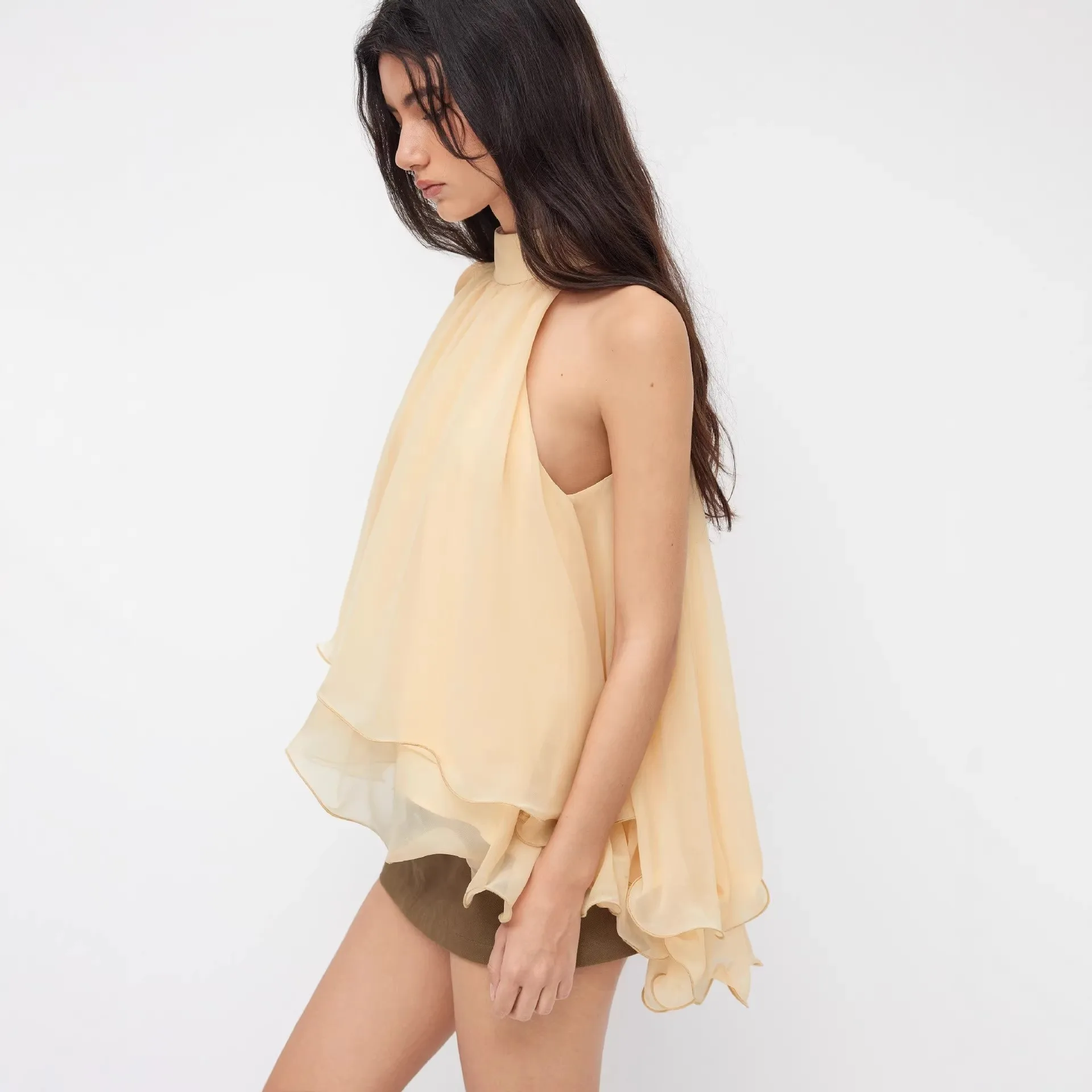 A Line Ruched Sweet Top with Regular Length Summer Round Neck Sleeveless Sweet and Fresh Princess Style Tanks Top for Women
