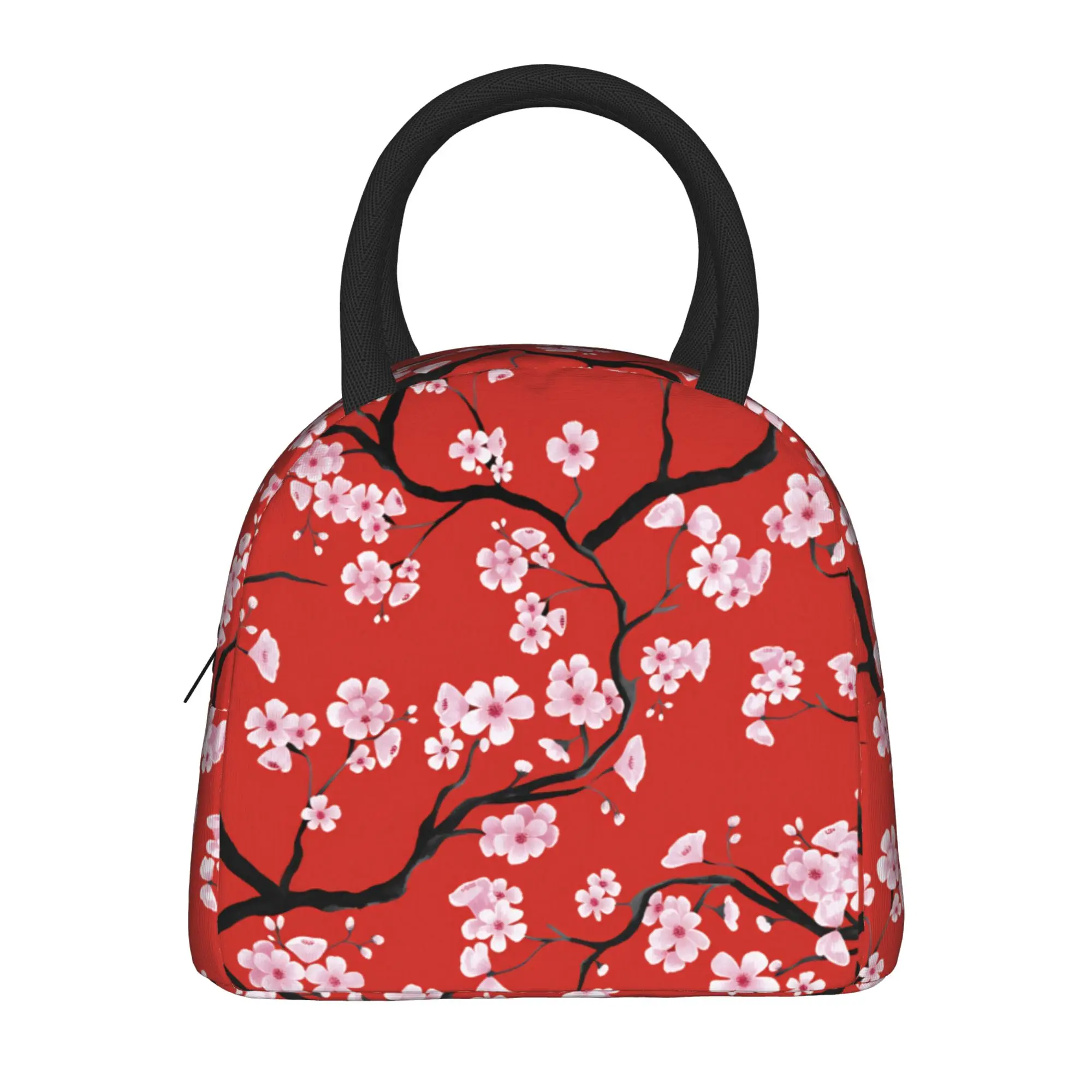 Flat Style Cherry Sakura Branch Lunch Bag Lunch Box For Women Office Portable Insulated Cooler Bag Oxford Print Tote Food Bags