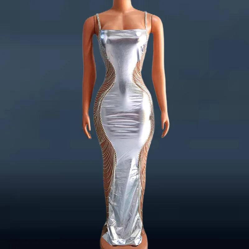 Robe longue de soirée et de bal pour femmes, argent brillant, Sexy, bretelles, sans manches, avec frange de diamant, robes à col en v profond