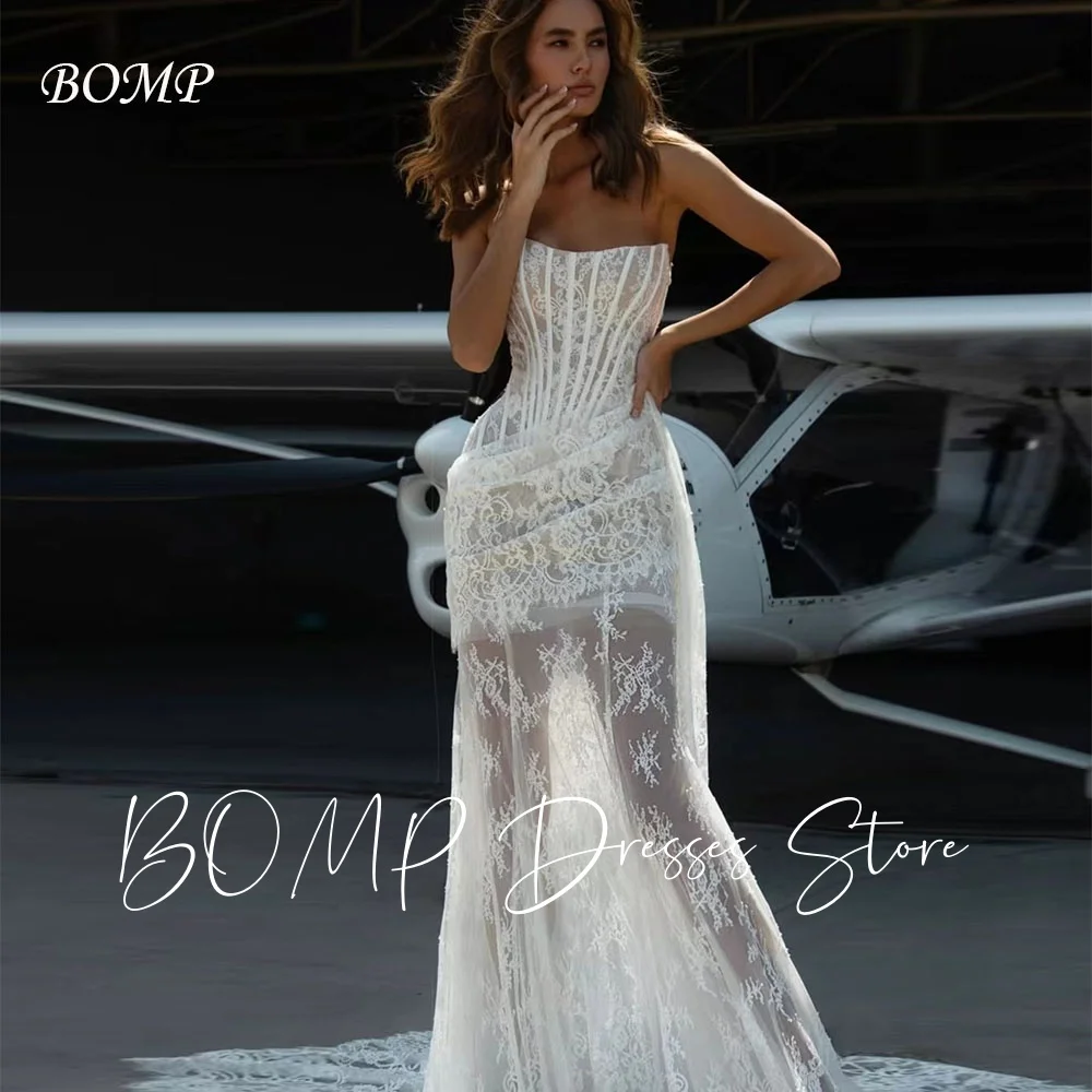 

BOMP Exquisite Lace Wedding Dress Strapless Mermaid Party Dresses Back Illusion Detachable Train Vestido De Noiva Customized