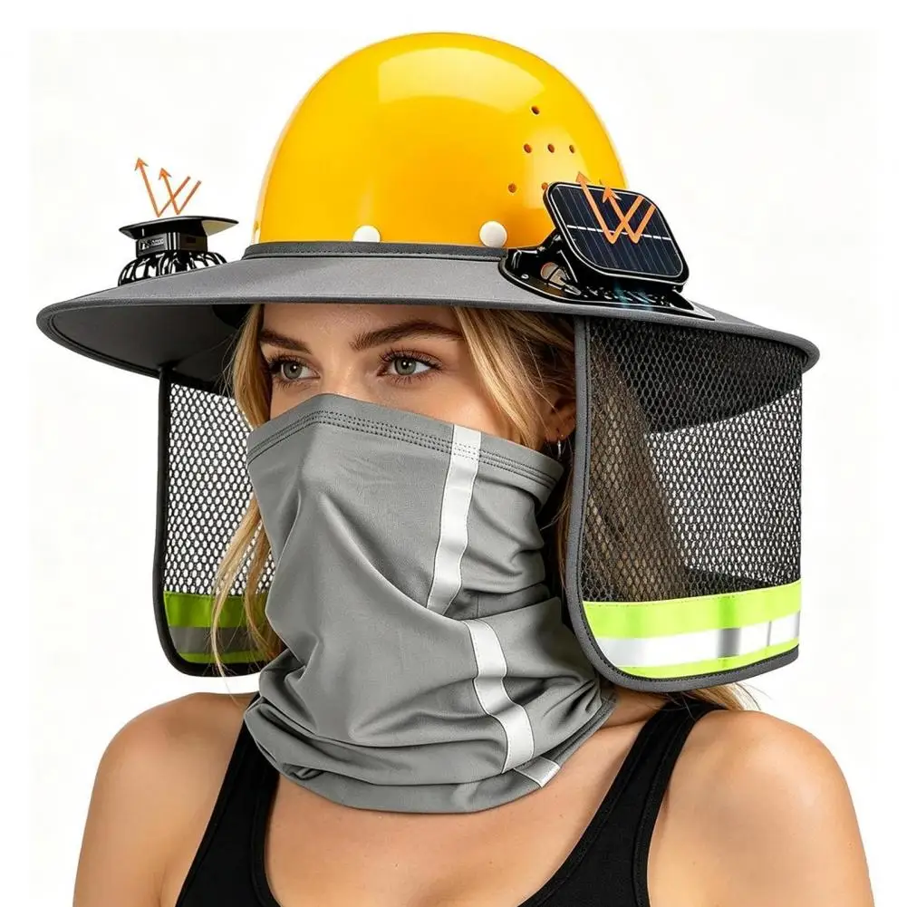 Anti-deformation Helmet Visor Hat Neck Shield with Solar Fan Full Brim Sun Protection Visor Ventilated Hard Hat for Construction