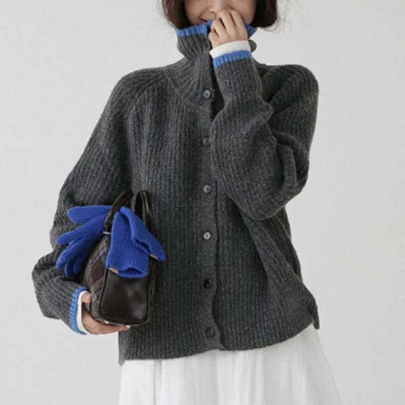 

Loose Lazy Style Open Cardigan Outerwear Super Long Sleeve Retro High Neck Knitted Sweater Women's Autumn Winter Spring