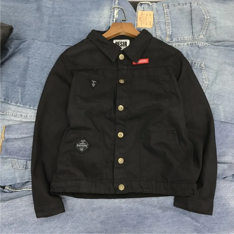Japanese Style Fleece Lined Loose Work Jacket Multi Pocket Dirt Resistant Cotton Youth Casual Outerwear for Autumn Winter