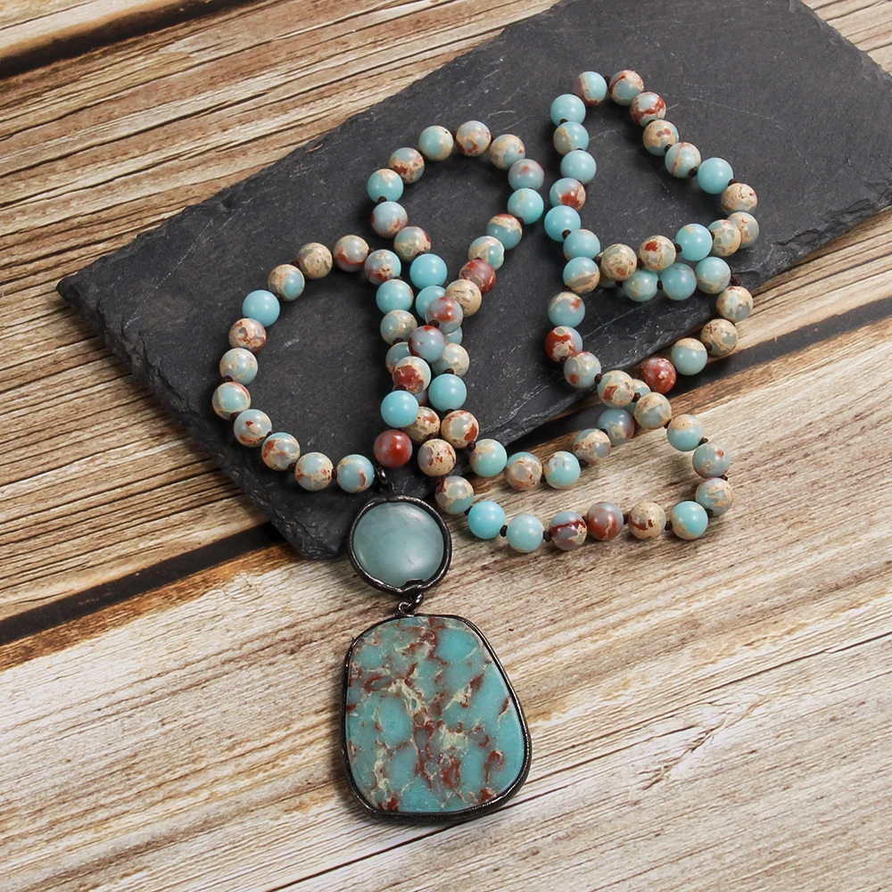 Spring/Summer New Vintage Bohemian Women\'s Jewelry Natural Stone Knot Necklace Irregular Natural Stone Block Pendant Necklace