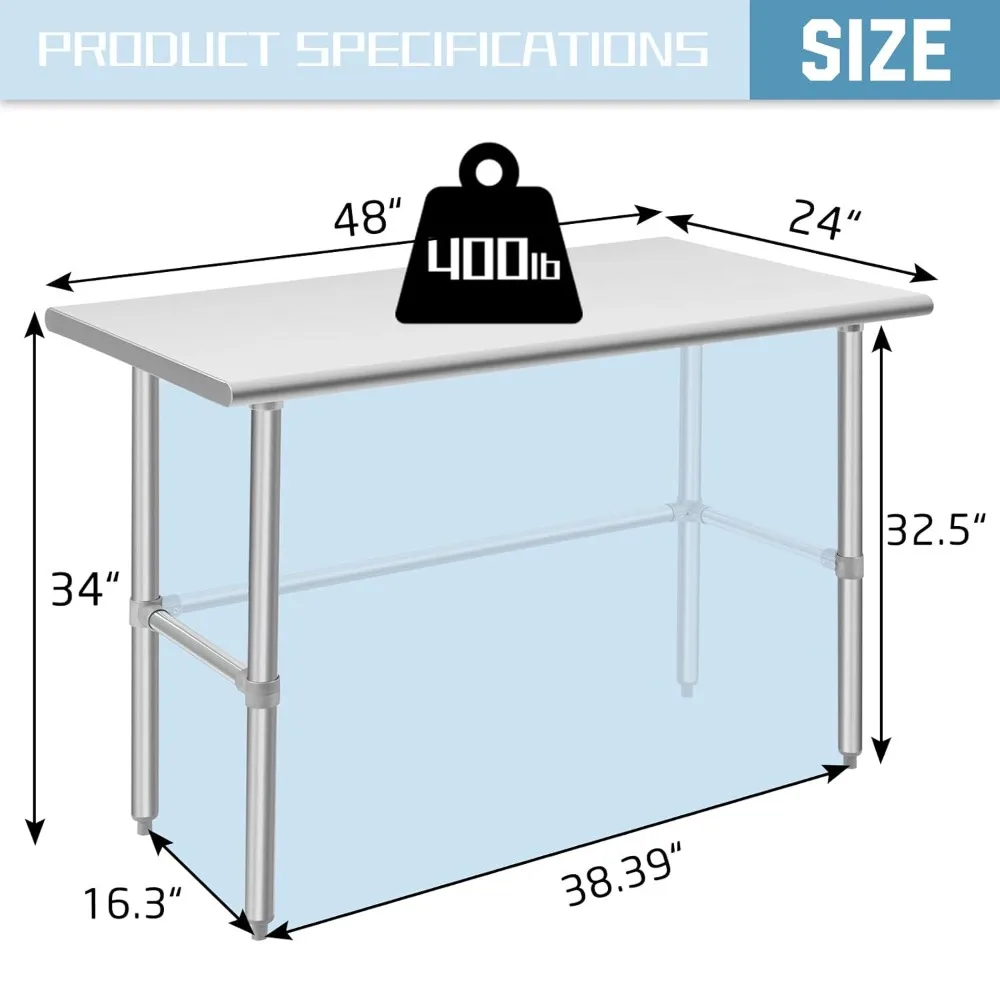 Open Base Stainless Steel Table 24 x 48 Inches, NSF Commercial Heavy Duty Prep & Work Table with Galvanized Legs for Restaurant