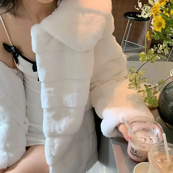 Abrigo de piel sintética de Corea para mujer, chaqueta de lana de manga larga, Abrigo largo con cuello vuelto, ropa de abrigo informal, Invierno