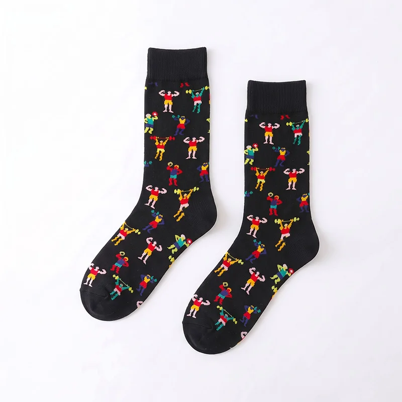 1 Pair of Unisex Socks with Black Background and Colorful Cartoon Muscle Man Prints, Sweat-Absorbent and Breathable, Quirky and Trendy Socks for Sports, Fitness, and Everyday Wear