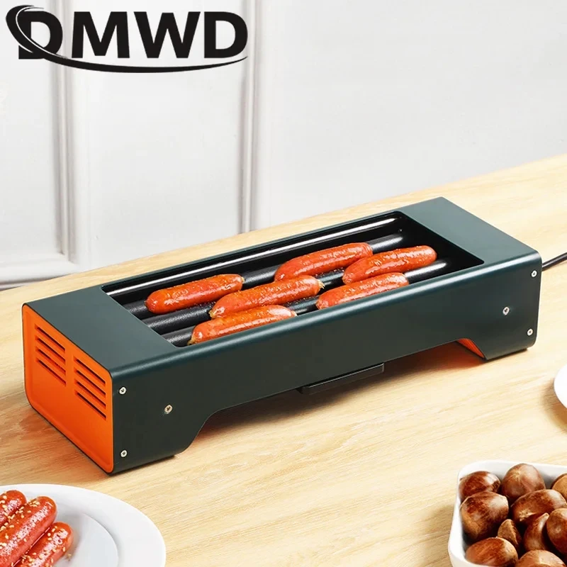 DMWD Household Electric Hot Dog Grill Mini 4 Rods Stainless Steel Roller Sausage Maker Corn Baking Barbecue Hotdog Machine