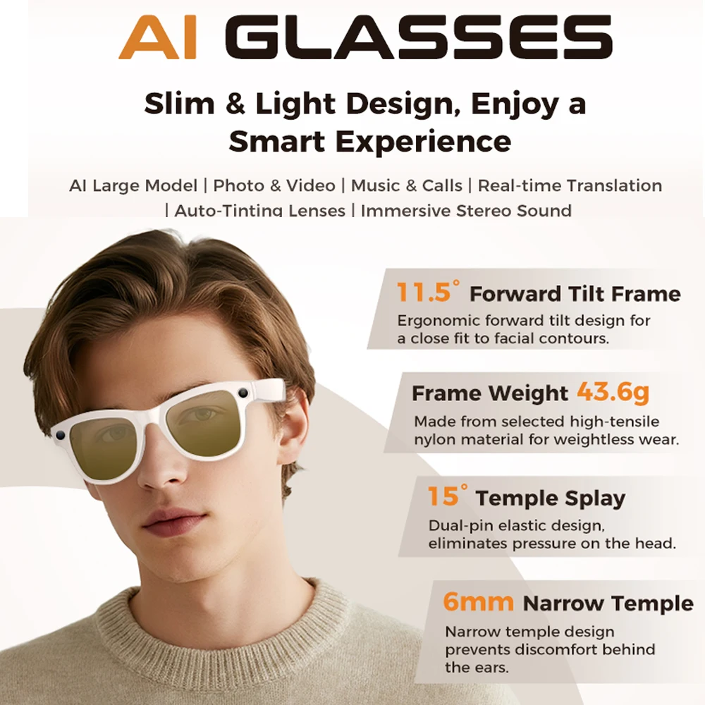 New 32G Memory 800W 4K Camera Smart Glasses Men Photos&Videos 3600mAh Power Bank 120+Languages Translation AI Glasses Women