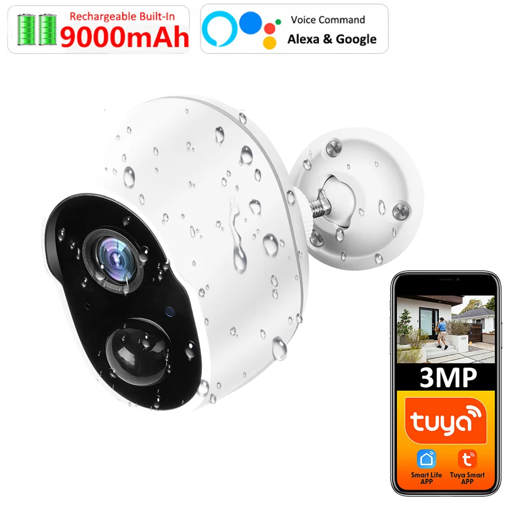 

Tuya Smart Life 9000mAh Rechargeable Battery Powered IP65 Outdoor Wireless WIFI 3MP Surveillance Siren CCTV Camera Alexa Google