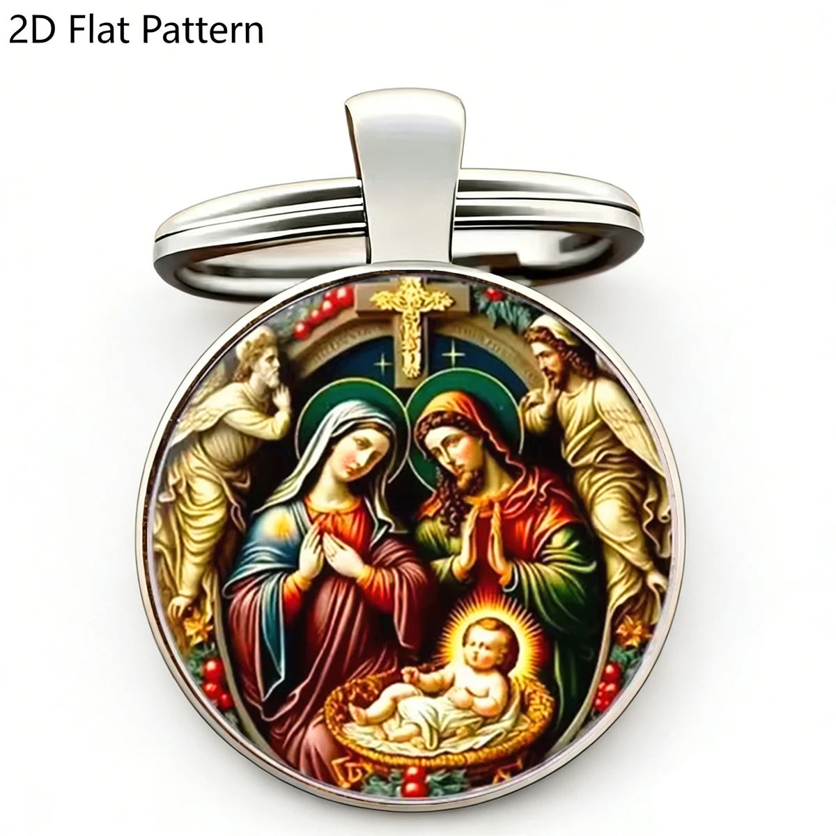 Porte-clés Scène de la Nativité Sainte Famille - Porte-clés religieux catholique de Noël avec dôme en verre - Cadeau dévotionnel religieux de Noël